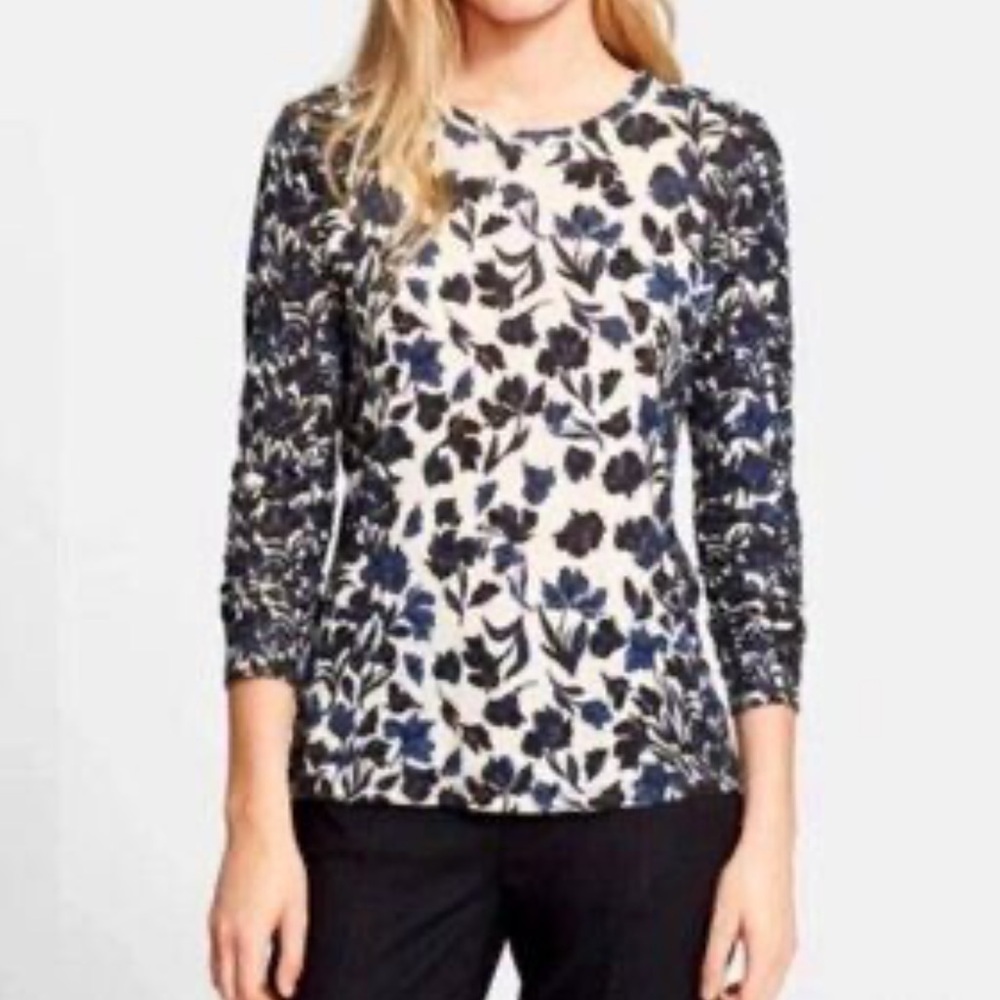 Tory Burch T-Shirt Long-Sleeve Top Women’s XS Floral Pima Cotton Cream/Navy